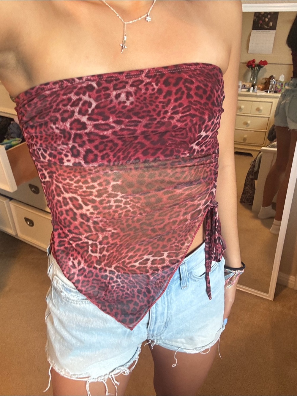 Strapless Red Leopard Mesh Top